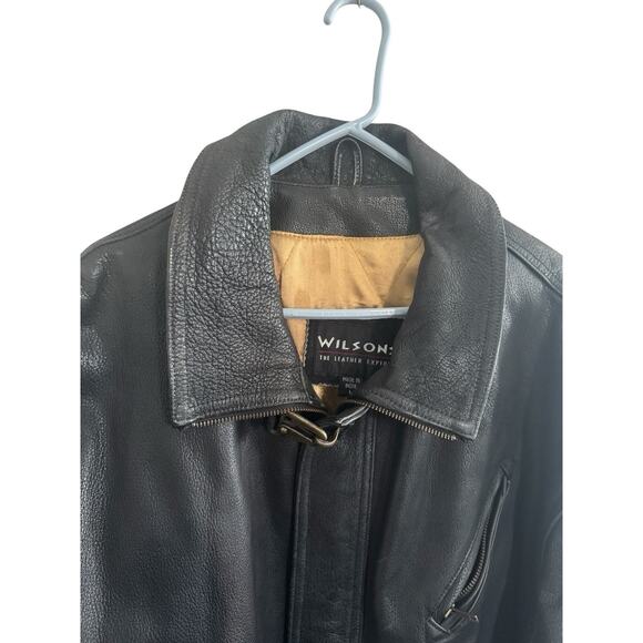 Vintage Wilsons Mens Large Leather Distressed Black Coat Jacket Zip Metal Toggle - Picture 2 of 15